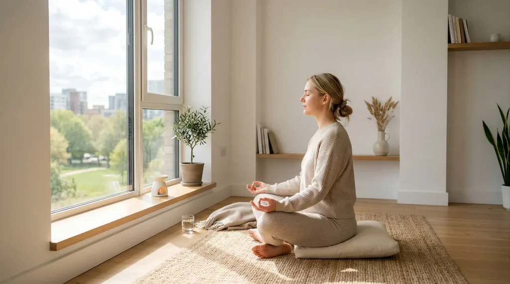 Kobieta medytująca przy oknie w porannym świetle — spokojna poranna praktyka afirmacji